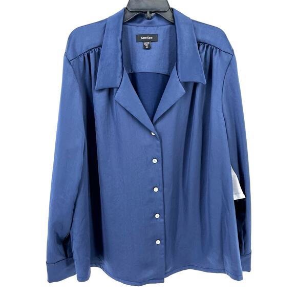 Karen Kane Satin Button Front Shirt Womens Plus Size 3X Indigo Blue V Neck - Picture 1 of 7